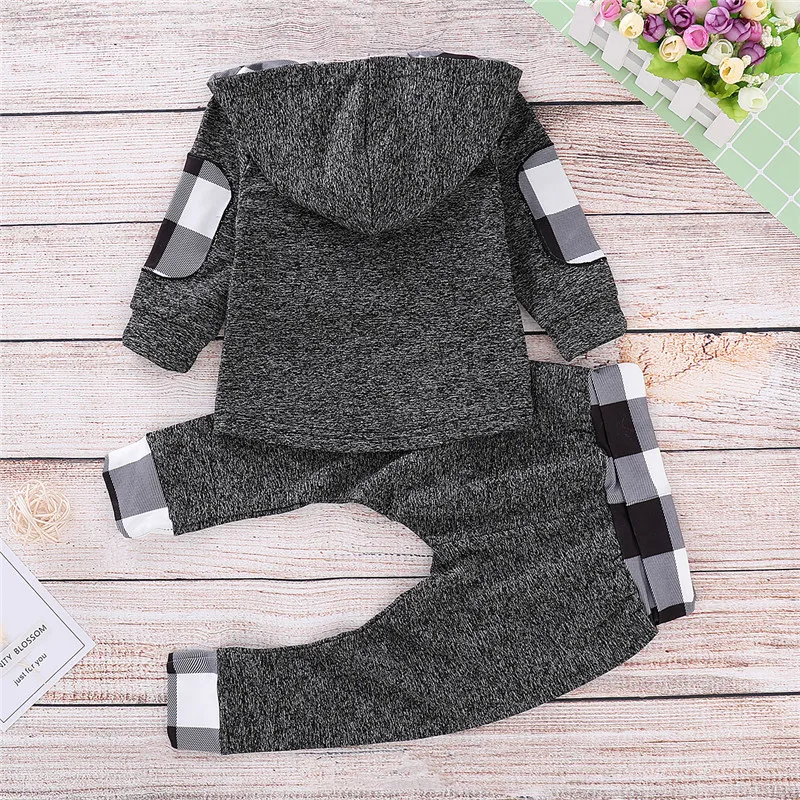 Long Sleeve Baby Boys Hoodies Clothes Winter Set 2Pcs Gray Plaid Hooded Tops+Pants Newborn Clothes Infant Baby Clothing D30