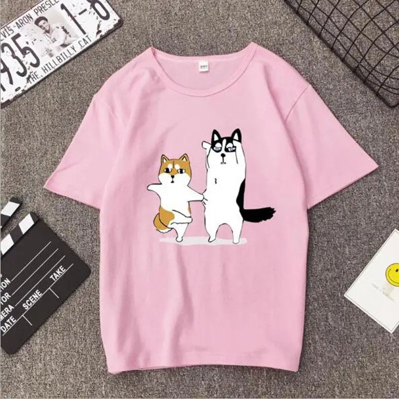 Милая футболка с принтом «Танцующая собака», женская футболка весна-лето, короткий рукав, круглый вырез, хлопок, спандекс, женские топы, футболки, повседневная женская футболка