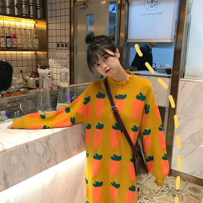 Японское Харадзюку женское утепленное плотное платье-свитер бежевое, синее, желтое трикотажное платье Kawaii с морковкой корейское негабаритное платье Ulzzang