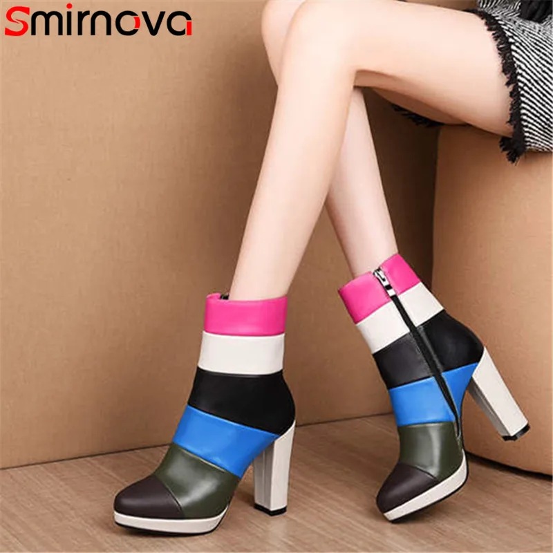

Smirnova Plus size 34-42 New genuine leather boots mixed color ankle boots for women zipper party wedding shoes female