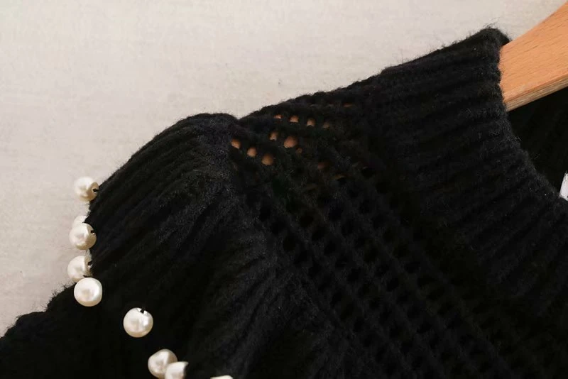LUNDUNSHIJIA женский черный короткий вязаный пуловер Топ Осенняя мода жемчужное украшение Лотос o-образный Вырез Свободный женский свитер