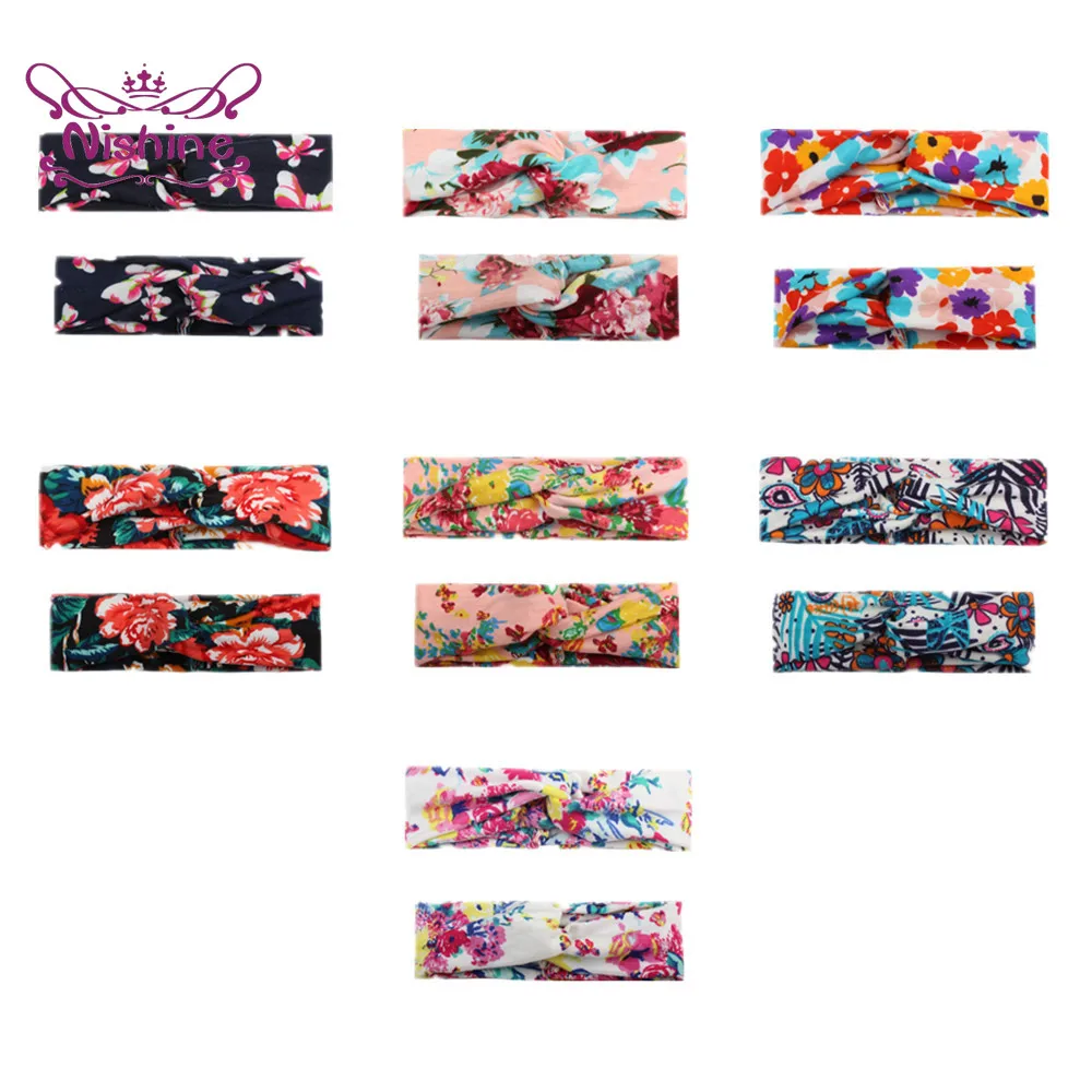 

Nishine Vintage Flowers Pattern Parent-child Headband Fashion Print Cross Knotted Elastic Hairband Kid Accessories Birthday Gift
