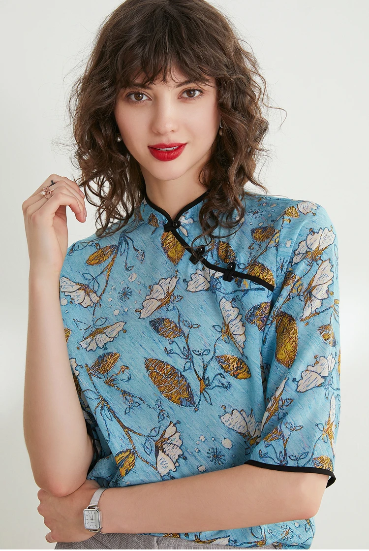 Женская шелковая блуза натуральный шелк креп Винтаж китайский стиль блузки стоячий воротник блузка рубашка с принтом Блузка