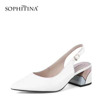 

SOPHITINA Fashionable Women Pumps Pointed Toe Square Heel High Square Heel Shallow Back-Strap Shoes Sheepskin Casual Pumps PC633