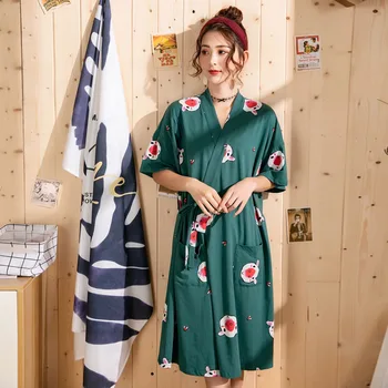 

Japanese Style Woman Kimono Robes Green Cartoon Print Loose Pajamas Sleepwear Spring Kimono Yukata Cotton Spa Lounge Homewear