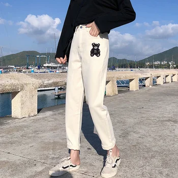

2020 New Women High Waist Loose Casual Straight Jeans Streetwear Hip Hop Harem Trouser Female Fashion Apricot Denim Pants