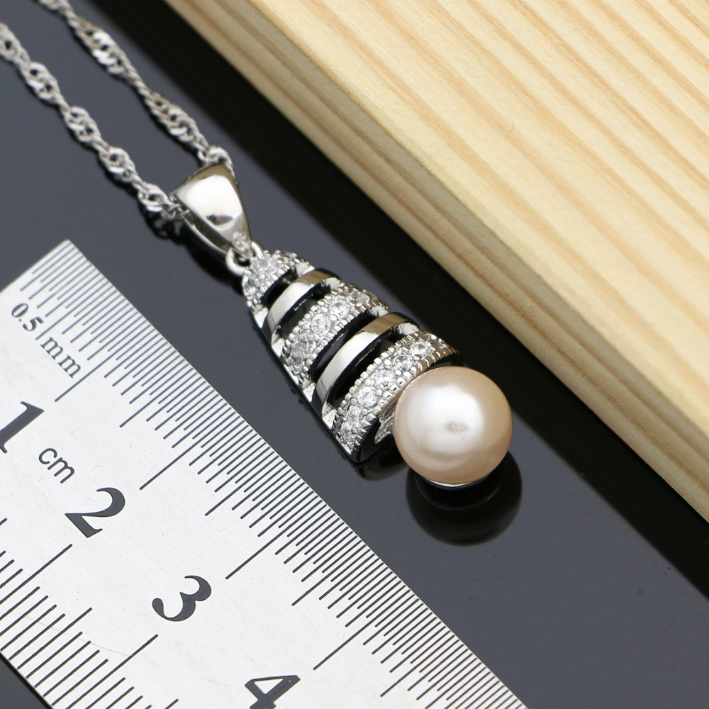 Pink Pearls Jewelry Sets 925 Silver Bridal Jewelry For Women Wedding Earrings/Pendant/Rings/Necklace Set - 2