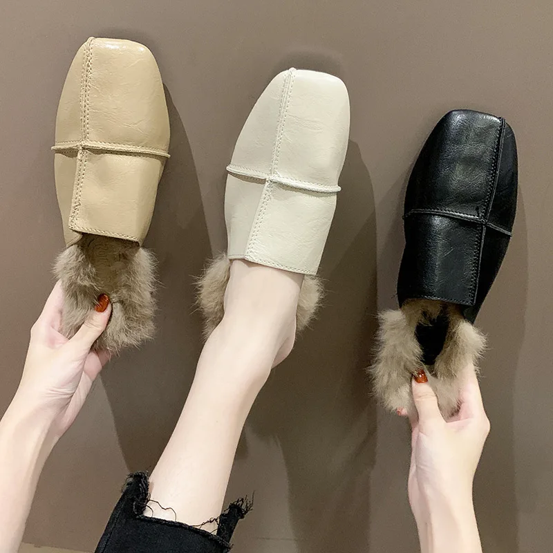 

2019 Autumn New Style Korean-style Square Head Closed-toe Plush Slipper Versitile Fashion INS Flat WOMEN'S Shoes Fashion Outer W