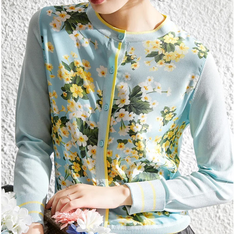 New silk blouse female in the spring osplicing ice silk knitting cardigan brief paragraph loose long sleeves New silk blouse female in the spring osplicing ice silk knitting cardigan brief paragraph loose long sleeves
