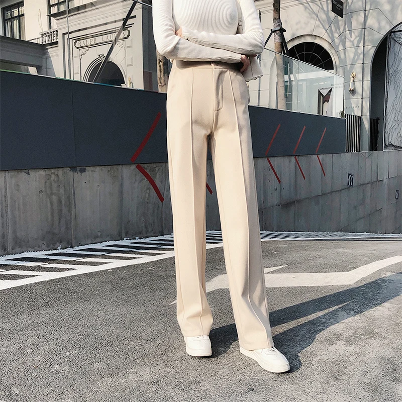 off white Осенние и зимние женские широкие брюки с высокой талией, прямые шерстяные брюки, универсальные Свободные повседневные брюки - Цвет: off white