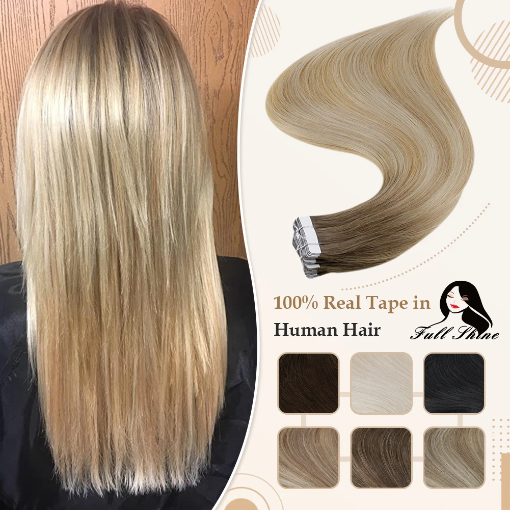 Full Shine Natural Hair Tape in Extensions 100% Remy Human Hair Ombre 40pcs 100g Balayage Seamless Blonde Glue On For Woman