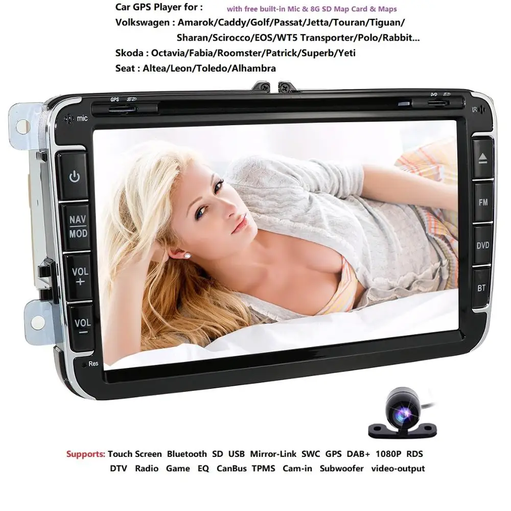 Best 2din 8inch car dvd GPS for VW Polo Jetta Tiguan passat b6 cc fabia mirror link USB Radio BT in dash SWC GAME MAP Car Camera DAB+ 3