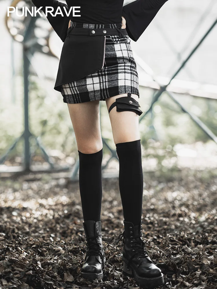 

PUNK RAVE Punk State Dark Plaid Skirt Female Slim Thin Bag Hip Skirt Punk Asymmetric Stitching Skirt