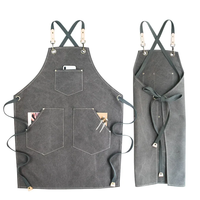 

BBQ Cotton Canvas Apron Bib Leather Straps Chef Kitchen Apron for Women Men Pockets barber cook Restaurant Waitress Logo Z720