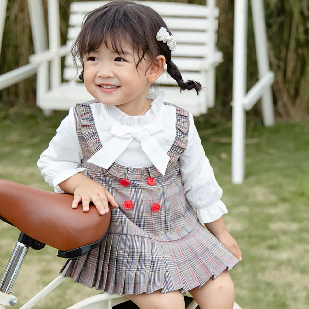 Dress1-7T для маленьких девочек Милая одежда для маленьких девочек милое платье принцессы в клетку с фальшивым принтом, длинный рукав до