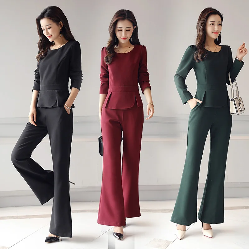 

Set/Suit Skirt Straight-leg Pants Solid Color Crew Neck Long Sleeve Pleated Pocket 2019 Spring