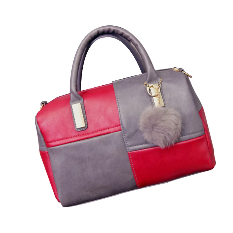 

Women Fashion Handbag with Hairball Patchwork Shoulder Bags Medium Satchel Grid Female Crossbody Bag