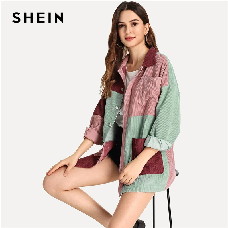 Best SHEIN Casual Multicolor Cut and Sew Pocket Front Corduroy Single Breasted Coat Autumn Modern Lady W