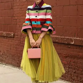 

Autumn And Winter Rainbow Slim Coat Button Flare Trumpet Sleeve Stitching Color Single-breasted Short Jacket Colorful