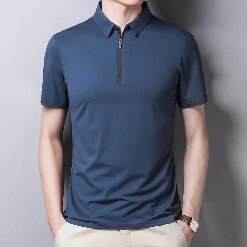 Nuevo clásico sólido camiseta Polo de Color de los hombres de seda de algodón de verano Camiseta de manga corta camisas Homme Slim Fit Casual con cremallera Camisa Polo T1014