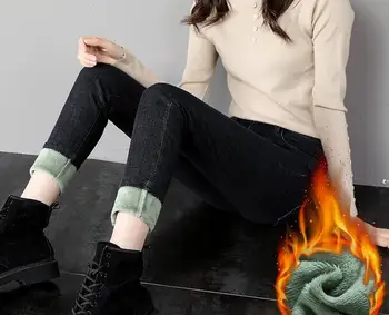 

Winter 2019 new velvet thick warm outer wear tight black feet pants maa1 plus velvet jeans women's high waist KSE28-18