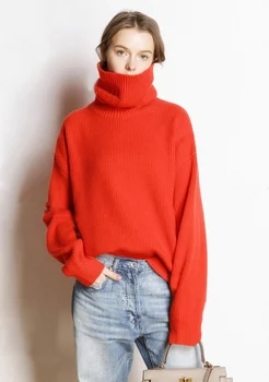 

2019 Europe and United Fan Qiudong new pure cashmere sweater female high collar thick loose sweater sets lazy knitted sweater