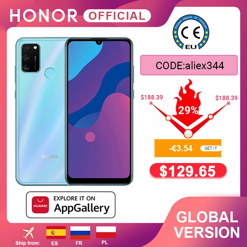 هاتف ذكي جديد الإصدار العالمي Honor 9A بذاكرة وصول عشوائي 3 جيجابايت وذاكرة قراءة فقط 64 جيجابايت وشاشة 6.3 بوصات كاميرا ثلاثية 13 ميجابكسل مع خاصية إلغاء التأمين ببصمة الوجه وبطارية 5000 مللي أمبير في الساعة|الهواتف المحمولة| - AliExpress
