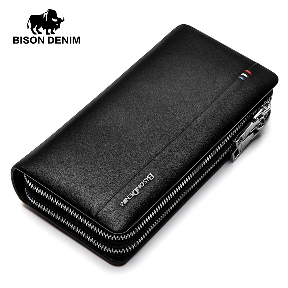 BISON DENIM fashion luxury men wallets genuine leather large capacity long double zipper male clutch purse brand wallet | Багаж и сумки