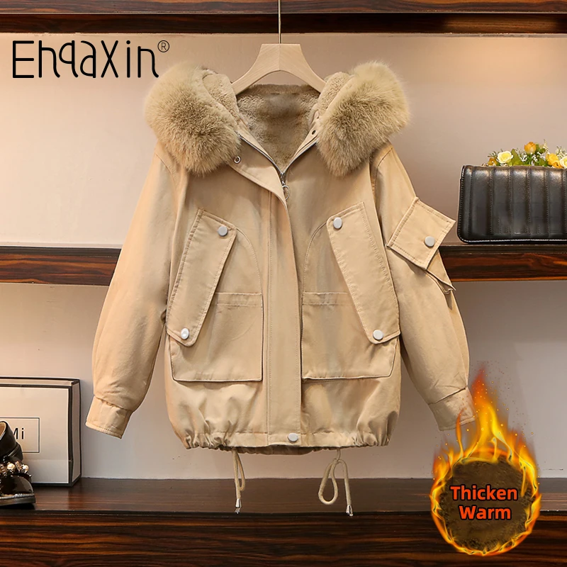 

EHQAXIN Winter Womens Jacket Casual Loose Thicken Plus Fleece Hooded Warm Workwear Cotton Jacket Short Coats L-4XL