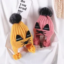 Детская шапка с помпоном и котом, теплая зимняя шапка для новорожденных девочек, вязаная шапка для малышей, шапка для девочек