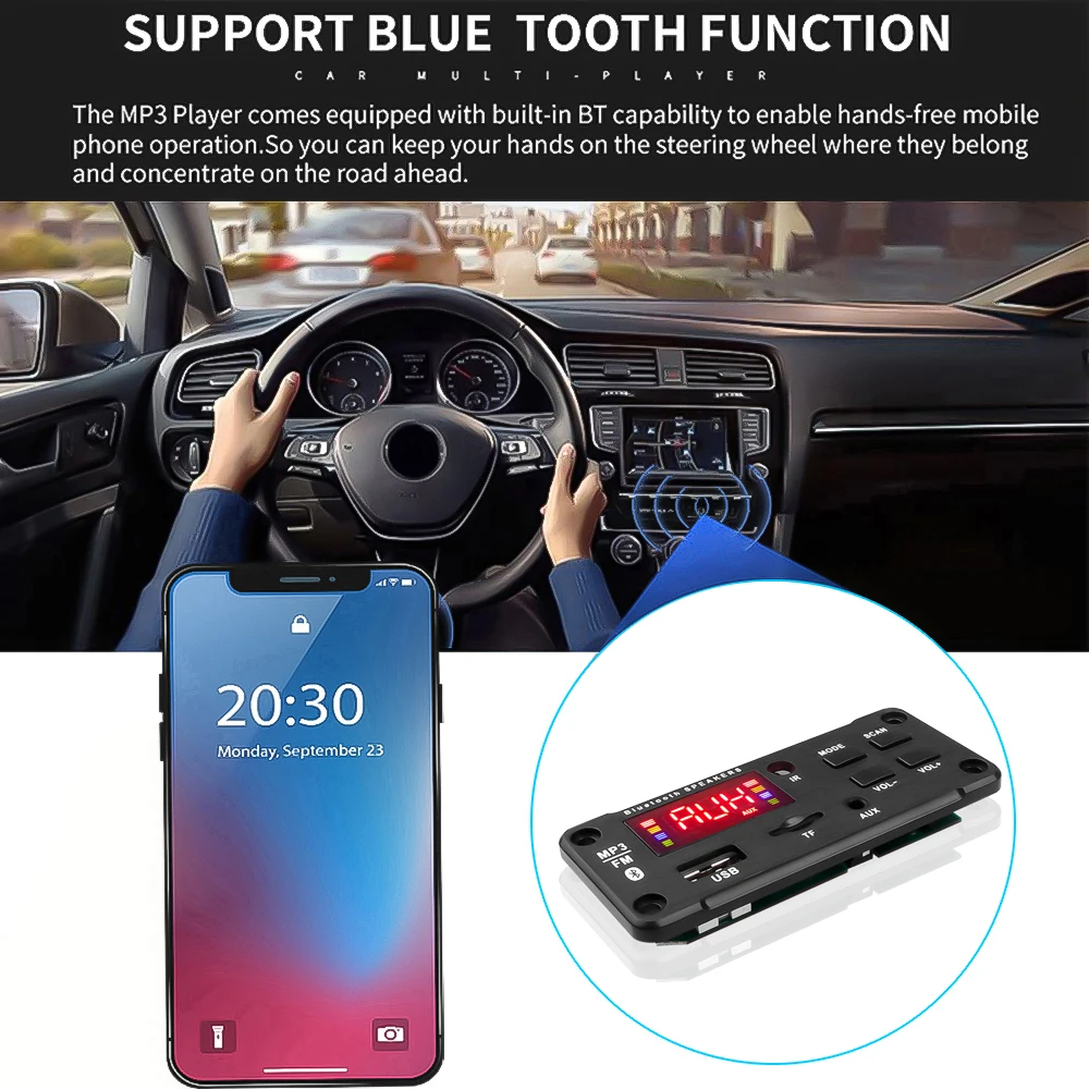 12V 50W Amplifier MP3 Decoder Board Bluetooth 5.0 Wireless Audio Module Big Color Screen Call Recording TF FM Radio For Car mp3player juice