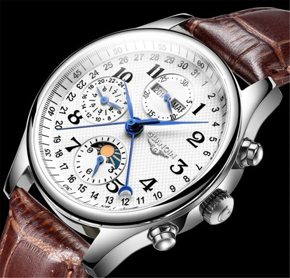 GUANQIN Leather Mechanical Sapphire Men Watches Top Brand Luxury