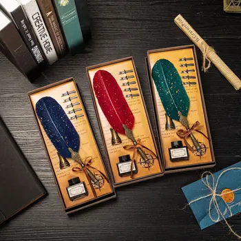 

European Style Retro Feather Pen Set Creative Dipping Pen Calligraphy Writing Pen Metal Beadable Ink Pens Art Supplies