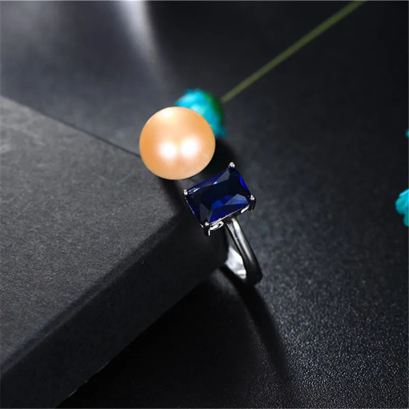 Dainashi Genuine Freshwater Cultured Pearl Ring Party Gift 925 Sterling Silver Blue Zircon Crystal Adjustable Open Ring