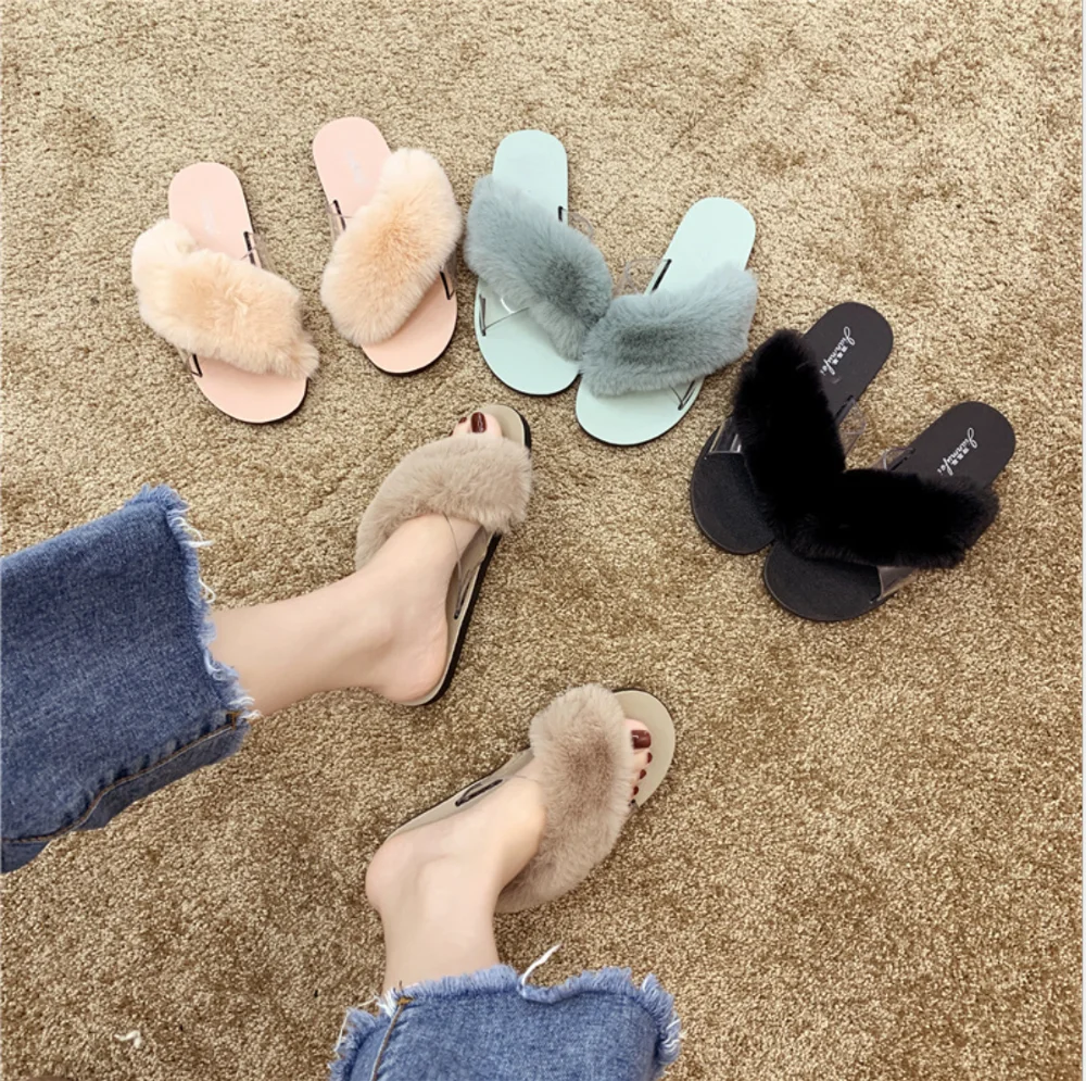 

Plush Slippers wear transparent slippers plush FashionFlat Non-Slip Slippers Queen Shoes Women's Shoes Summer Women's Shoes
