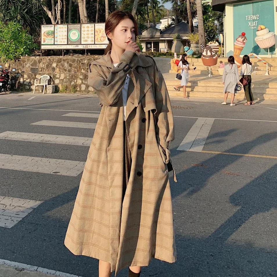 

Photo Shoot Early Spring CHIC England Plaid Fold-down Collar Double Breasted over-the-Knee Long Waist Hugging Bandage Cloth Shaw