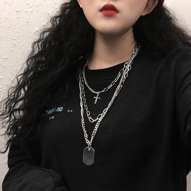 

2019 New Personality Cross Square Metal Multilayer Hip Hop Long Chain Cool Simple Necklace for Women Men Jewelry Gifts Punk Gold