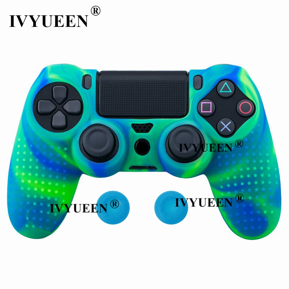 IVYUEEN Шипованный защитный силиконовый чехол для Dualshock 4 PS4 Pro тонкий чехол для контроллера и ручка для большого пальца для playstation 4 - Цвет: Green Blue