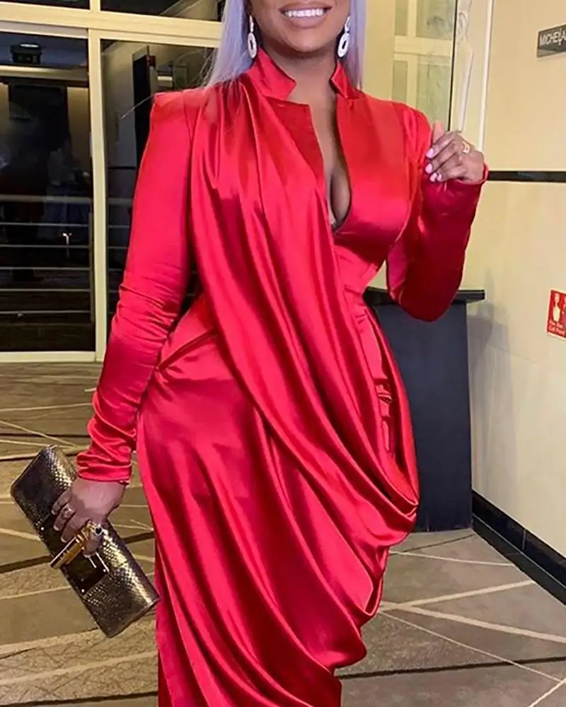 

Long Sleeve Satin Midi Dress Sexy Party Dresses Elegant Solid Plunge Ruched Dress