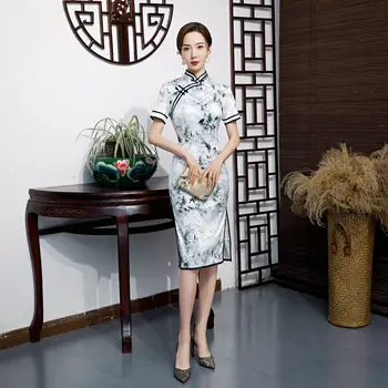 

Vintage White Mandarin Collar Qipao Female Print Flower Short Sleeve Cheongsam Vestidso Summer High Split Chinese Dress Big Size