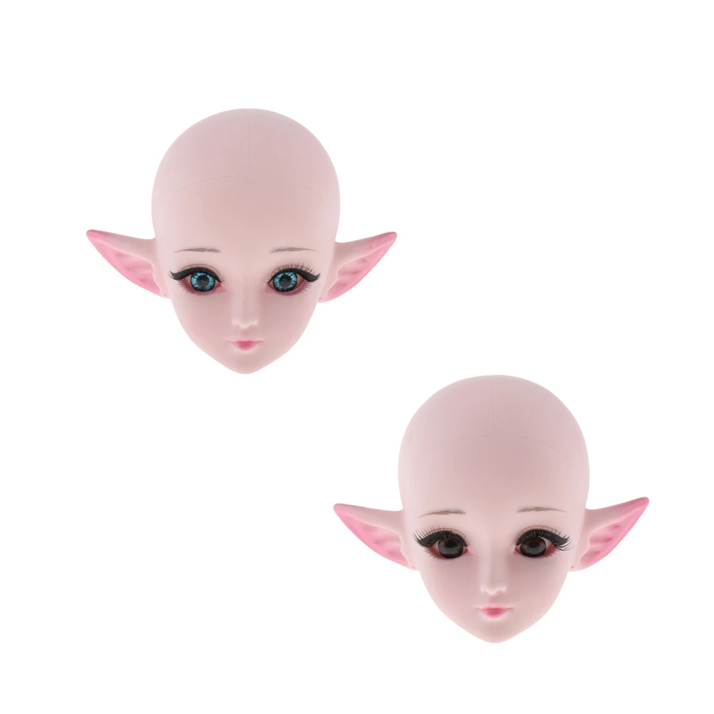 2pcs 1/3 Ball Jointed Girl Dolls Head with Elf Ear and Makeup for 60cm BJD Dolls Accessories