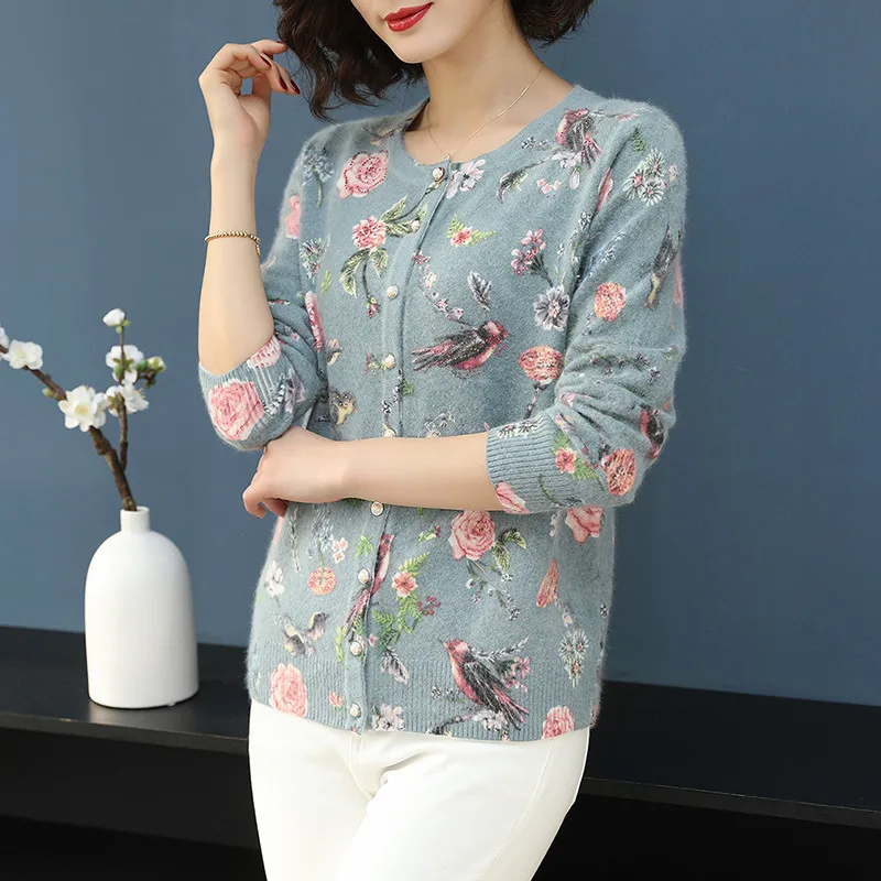 Best Price 2019 Spring And Autumn Crew Neck Wool Cardigan Women's Short Long Sleeve Loose-Fit Digital Printing Base Knitted Sweater