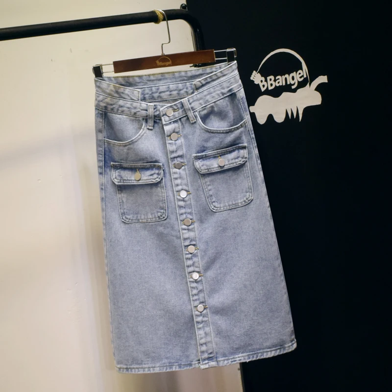 

Single Breasted Mid-length Jeans Skirt Women's 2020 New Retro Light Blue Summer Skirt Girl Irregular High Waist Casual Skirts