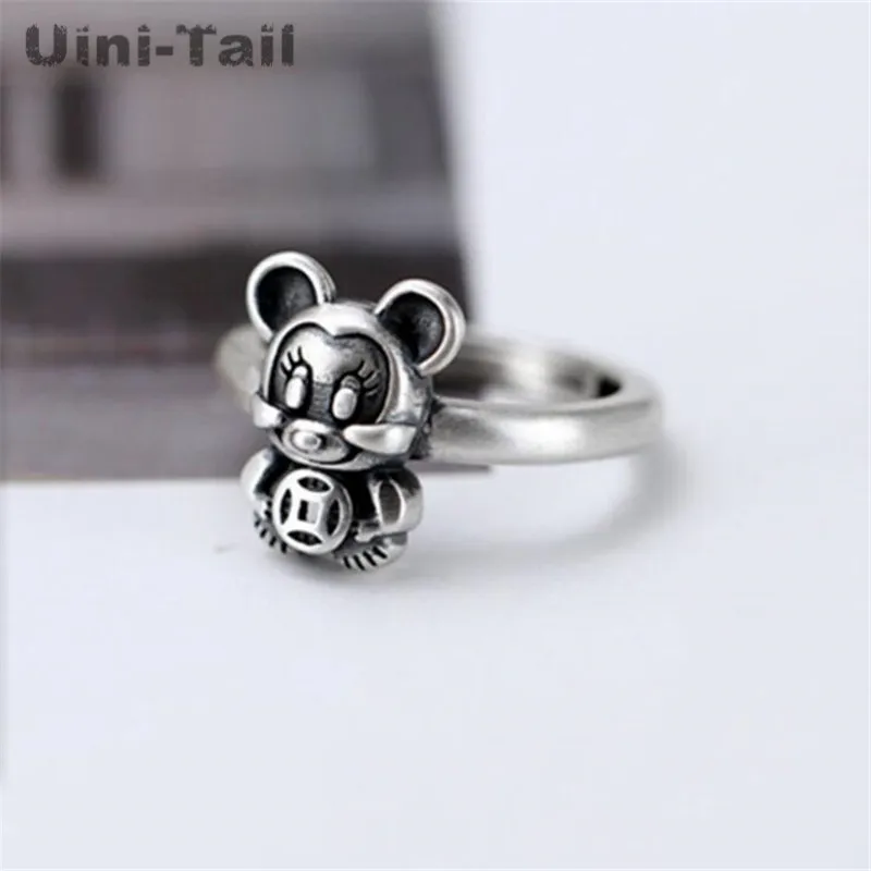Uini-Tail Hot New Product 925 Sterling Silver Cute Little Mouse Opening Ring Personality Retro Lucky Money Accessories | Украшения и
