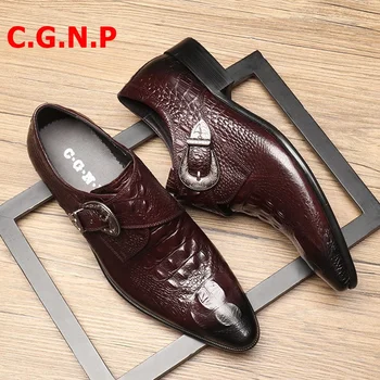 

C.G.N.P Crocodile Pattern Genuine Leather Loafers Men Pointed Toe Slip On Wedding Shoes Buckle Formal Shoes Men Dress Shoes