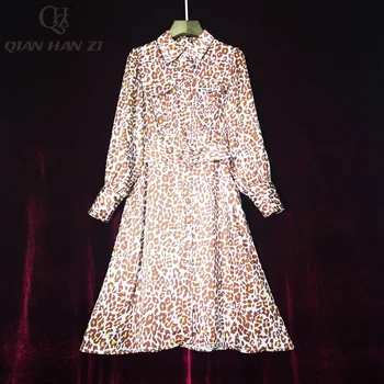 

Qian Han Zi Spring summer designer runway women dress Turn-down Collar Long Sleeve Retro Print Belt Slim Leopard Party Dress