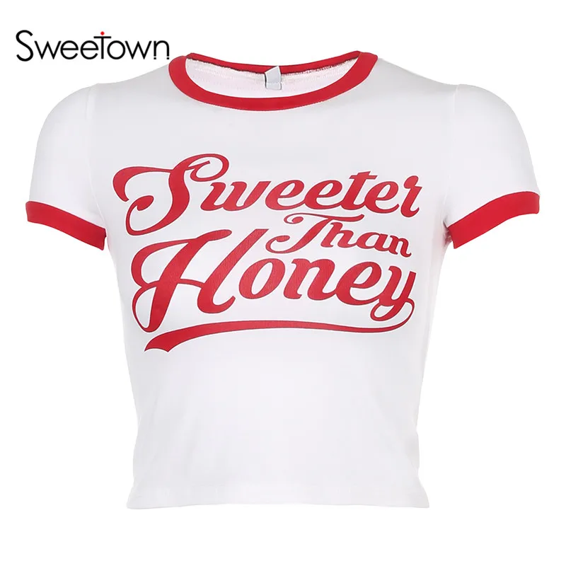 Sweetown, летняя уличная одежда кроп-топ с коротким рукавом, женские футболки, сексуальная одежда для фитнеса, одежда с буквенным принтом, уличная одежда, топ, рубашка - Цвет: red