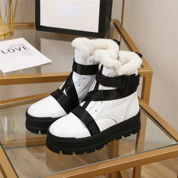 

Kccook 2020 Winter New Women's Leather and Wool Snow boot with Contrasted Color Webbing and Non-slip Soles