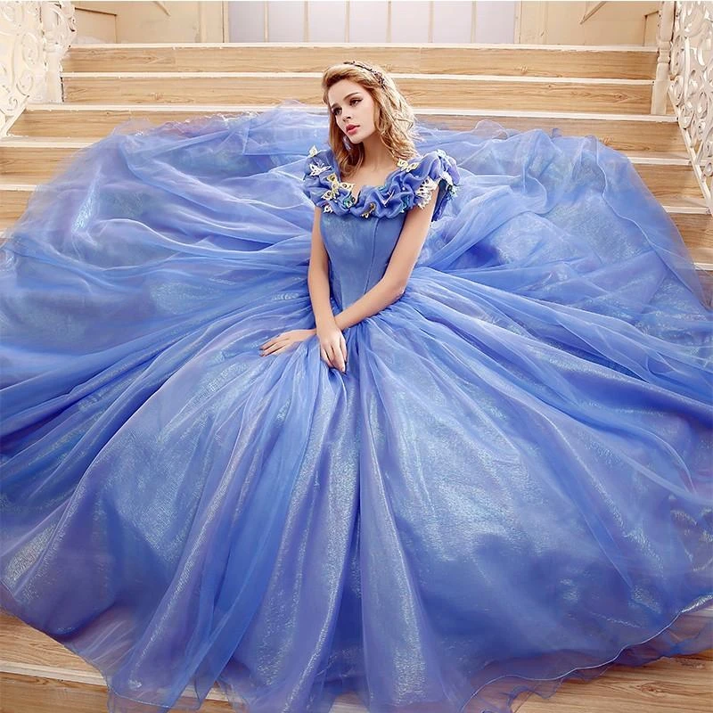 Fancy Cinderella Princess Ball Gown Quinceanera Dresses Blue Organza Off  The Shoulder Sweety 15 Anos Cleanance Prom Gown 2021 - Quinceanera Dresses  - AliExpress