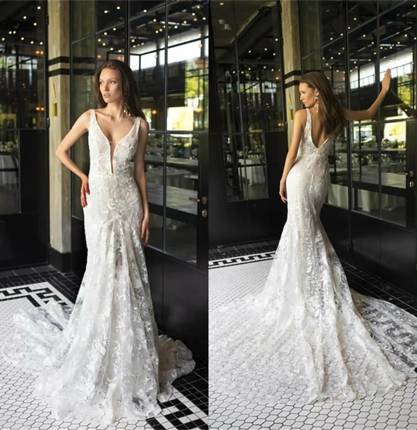 

Женское свадебное платье с юбкой-годе, кружевное платье невесты без рукавов с глубоким V-образным вырезом, аппликацией и открытой спиной, индивидуальный пошив, свадебное платье со шлейфом